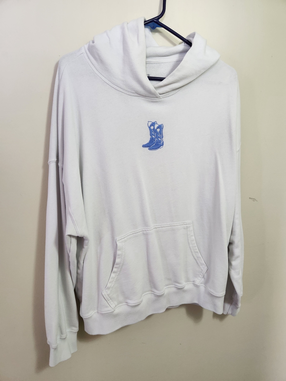 Hollister White Crewneck Hoodie with Blue Boot Embroidery